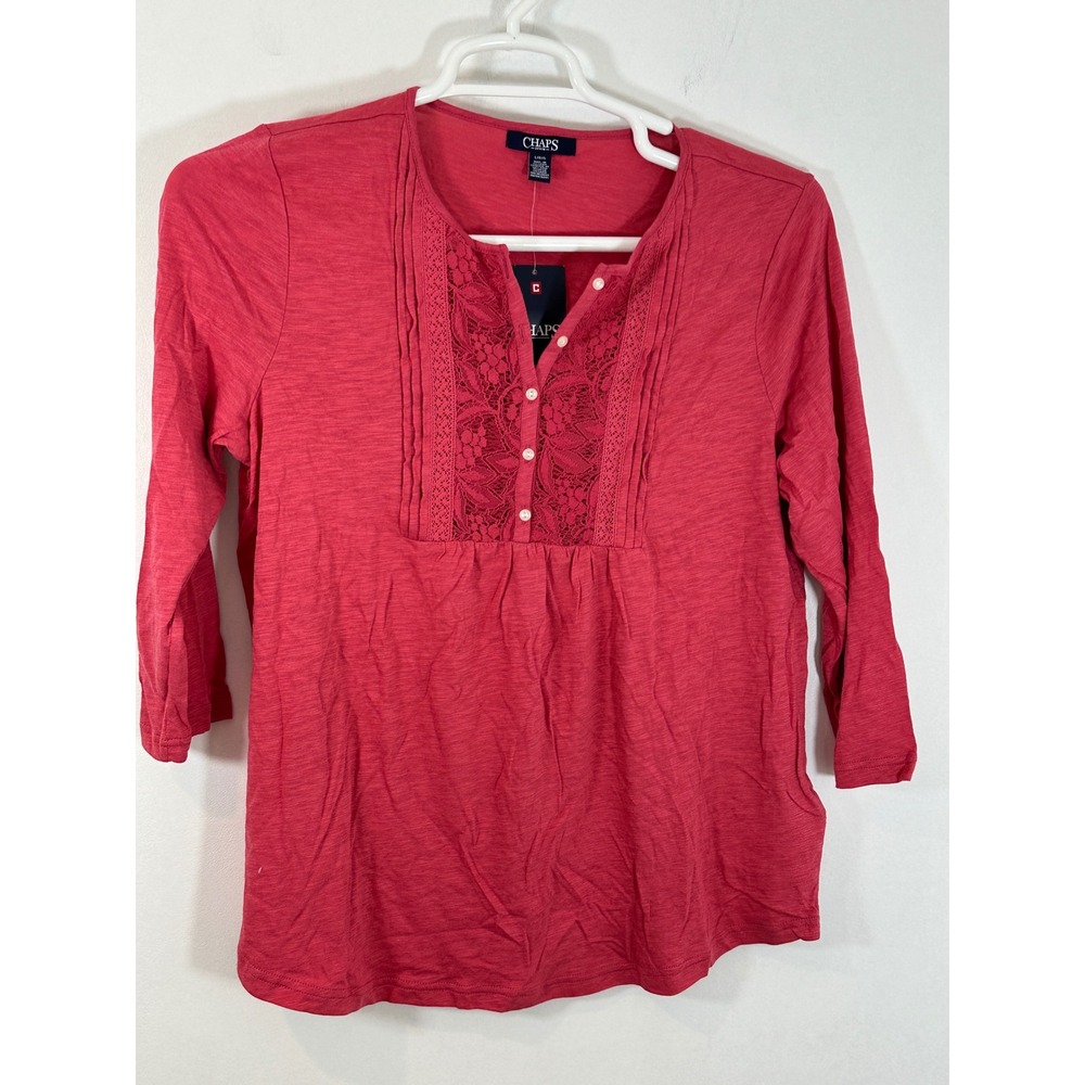 Chaps Lace Trim Top 3/4 Sleeve Button Up Blouse Casual Red Size L